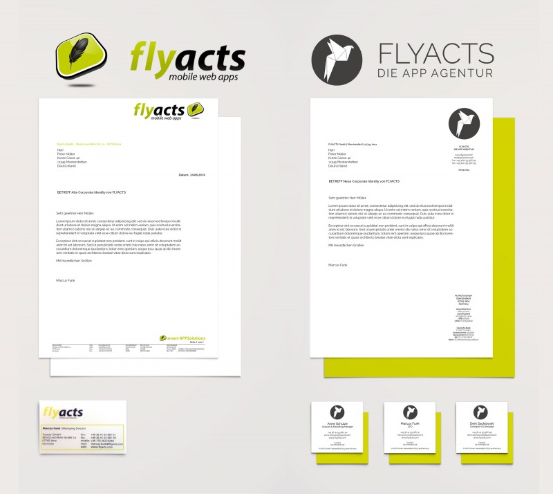 Vorher-Nachher-Vergleich des Corporate Designs von FLYACTS