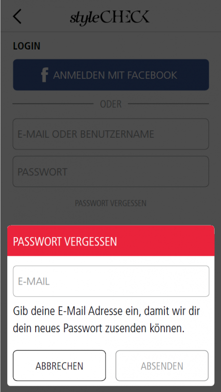 Das Bild zeigt den Passwort vergessen-Bereich der Fashion-App StyleCheck.