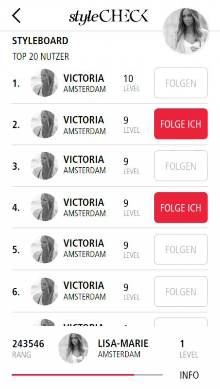 Top 20-Nutzerliste in der StyleCheck-App